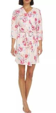 Flora Nikrooz Alisha Floral Short Wrap Tie Lounge Robe Pink White Size Small