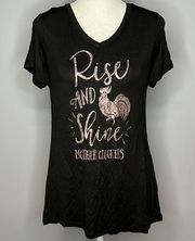 RISE AND SHINE MOTHER CLUCKERS BLACK AND PINK SPARKLE TSHIRT SMALL ACTIVE USA