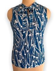 Laundry by Shelli Segal Blouse Tie Front Blue Sleeveless Abstract Flower Detail