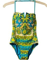 Trina Turk One Piece Floral Halter Swimsuit Sz 4 Built In Padded Bra Green Blue