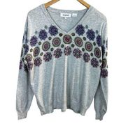 Desigual Sweater Small Gray Floral Medallion Rhinestone Long Sleeve V-Neck Women