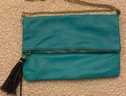 H&M teal blue clutch bag with chain and navy blue tassel