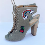 SPEED LIMIT 98 Green Denim Cherry Rainbow Patch Lace Up Heeled Booties