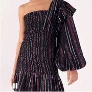 Lurex Stripes Mini Dress One Shoulder Statement Sleeve M