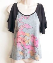 Rewind cold shoulder floral pullover scoop neck gray pink hi low short s…