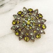 Vintage Liz Claiborne Brooch Green Antique Bronze Toned Setting Rhinestone