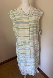 Harve Bernard Linen Blend Sleeveless Green, Blue and Cream Buttoned Dress 12