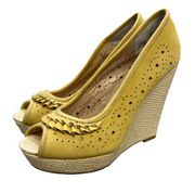 Lovely People Goldie Yellow Gold Leather suede peep toe wedges, Women’s Size 9