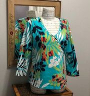 Ruby Rd. Petite Faux Wrap Top Tropical Flower Detail 3/4 sleeve MPetite