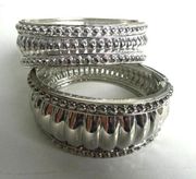 Silver Tone Clamper Hinged Bangle Bracelet Chunky Wide Ribbed Lot of 2 Matching