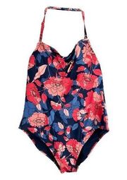 Kona Sol  XL Swimsuit One Piece Halter Floral Blue Pink Padded Stretch 1275