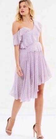 Revolve Bardot Lace Trim Polka Dot Senorita Dress Lilac Midi Size 6 / Small