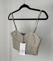 Leather Top Cropped Light Grey/ Tan 