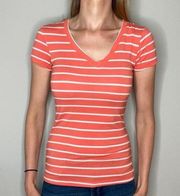 Zenana Outfitters V Neck Orange and White Striped Short Sleeve Tee Shirt S Small