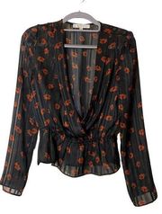 WAYF Women's Virginia Sheer Peplum Top Black‎ Red Floral Sz XS