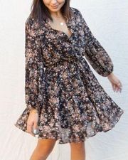 Black Floral Cool Breeze Long Sleeve Dress L