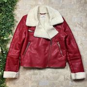 Blank NYC Faux Leather Fleece Faux Fur Zip Moto Jacket Coat Red Ivory Size M