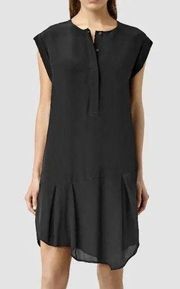 All Saints Roka Silk Dress in Black Asymmetrical Hemline