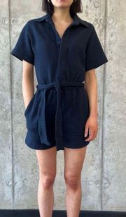 NWT  Navy Terry Loop Slub Short Romper with Waist Tie & Collar, Size Medium