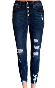 KANCAN Distressed Button Fly Skinny Raw Edge Denim Blue Jeans ~ Women's Size 26