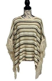 Charming Charlie Boutique Open Knit Boxy Striped Boho Peasent Poncho Fringe S