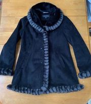 Jones New York Black Faux Suede Coat Faux Fur Trim & Lining, Size S