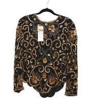 Laurence Kazar Vintage Black Silk Blouse Long Sleeve with Gold Beading