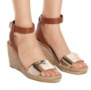 Tory Burch Sandals Espadrille Wedge Sz 6.5 Bima Ankle Strap Heel Open Toe Silver