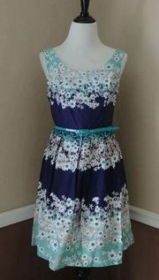NEW Tiana B ModCloth Navy Blue Mint Floral Belted Sleeveless Retro Dress 4-6