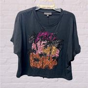 Guess sunly crop tee with sequin palm trees in black orange and pink sz large