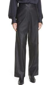 Frame Pleated Black Leather High Rise Straight Leg Pants Size 0 NWT