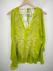 Ark & Co Lime Green Embroidery Detail Blouse Flutter Sleeve Tie Neck Size Medium