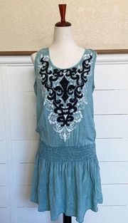 Vocal Embellished Fleur-de-lis Cinched Dropped Waist Blue Tie Dye Tank Dress S