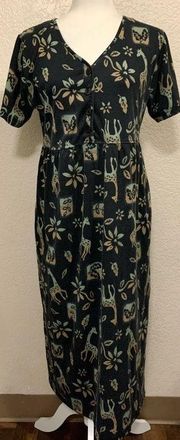 Vintage 80s Charcoal Giraffe Midi Summer Boho Pocket Dress