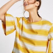 Yellow And White Striped Flare Sleeve Top