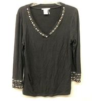 Alberto Makali Black Embellished V Neck Stretch Blouse