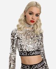 DOLCE & GABBANA Sequined Top With Branded Elastic In Silver 36 NWT