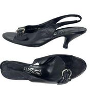 Salvatore Ferragamo Black Gancini Slingback Sandals Peep Toe Size 7.5B