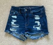 American Eagle  high rise shortie dark wash distressed jean shorts in size 2