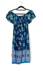 Beach Lunch Lounge Tropical Floral Blue Off Shoulder Dress