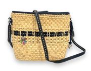 Brighton woven raffia straw black leather trim crossbody shoulder bag purse