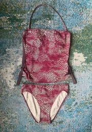 Vintage Y2K DKNY Swim brown pink leopard print halter tankini, size 10