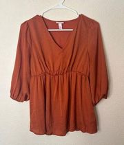 Women Small Orange Blouse V-Neck Buttons Stretch Relaxed Fit