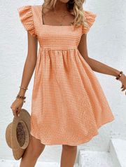 VCAY Gingham Print Square Neck Ruffle Trim Smock Dress