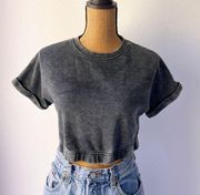 Forever 21 Grey Stone Washed Short Sleeve Cropped Elastic Athletic Cotton Top