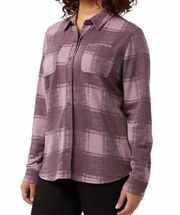32 Degrees Ladies Cozy Knit Button Up Purple Plaid Shirt Soft Comfy Flannel