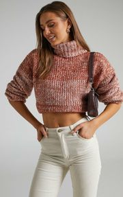 OVERSIZED HIGH NECK BALLOON SLEEVE KNIT JUMPER IN BEIGE