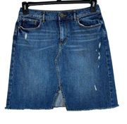 LOFT Petite SZ 6P Mini A-Line Jean Skirt Pockets Distressed Slit Frayed Hem Blue