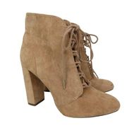 Anthro Call It Spring Tan Suede Peep Toe Lace Up Booties Size 6 Vegan
