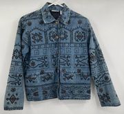 Chicos Design Jean Jacket boho Blue Silk Lined Beaded Embroidered size 0 xs